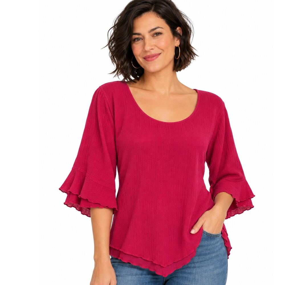 Soft Surroundings Siesta Key Gauze Top Womens Size 1X Raspberry Lagenlook Beachy